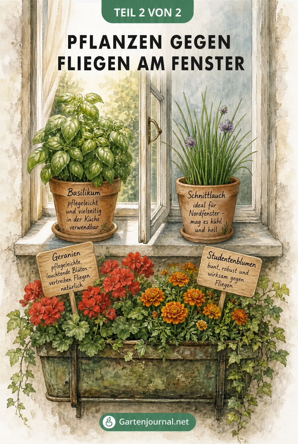 Illustration einer Fensterbank mit Basilikum, Schnittlauch, Geranien und Studentenblumen gegen Fliegen