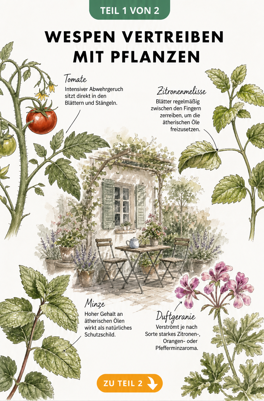 Botanische Illustration von Tomate, Zitronenmelisse, Minze und Duftgeranie zur Wespenabwehr