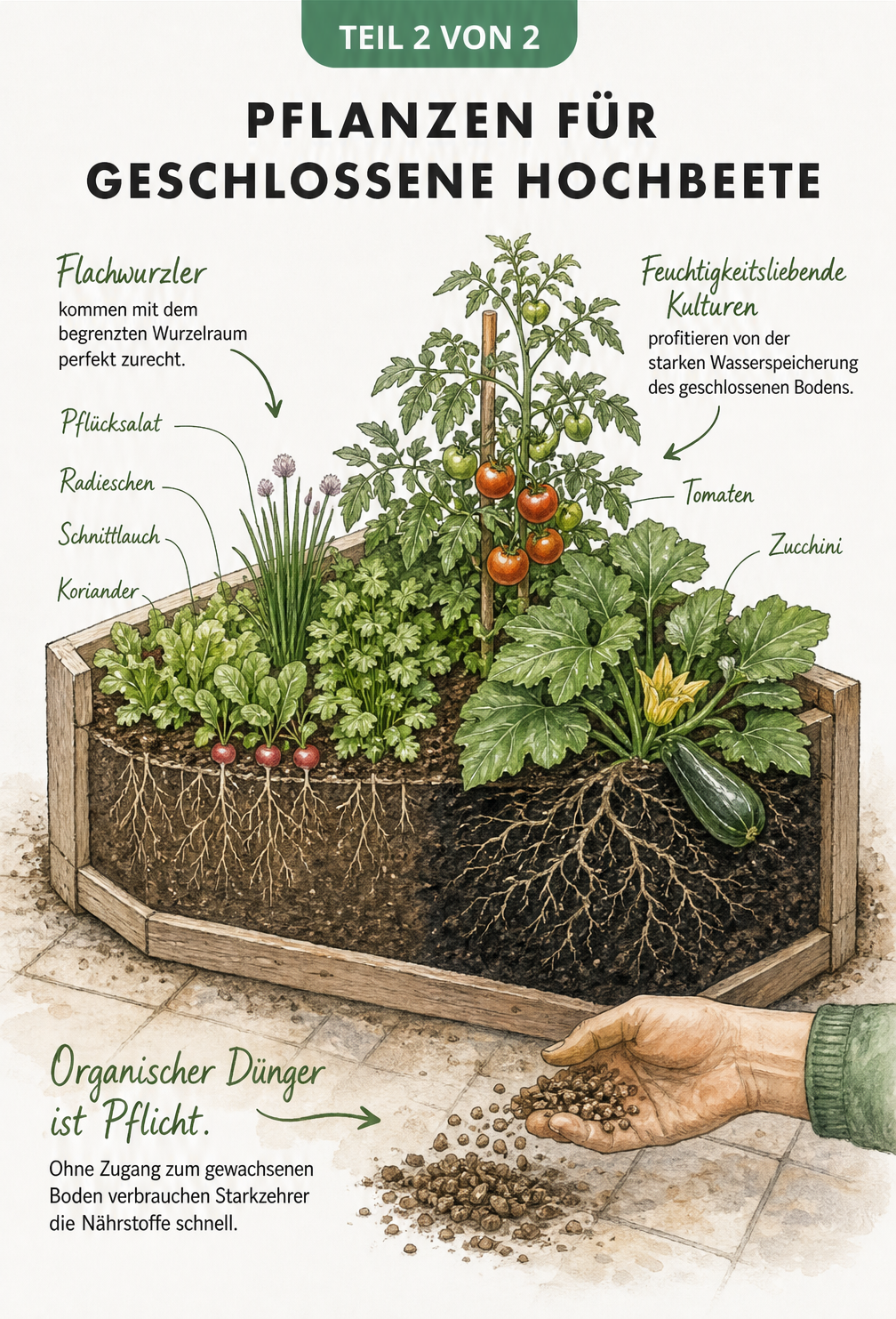 Illustration eines bepflanzten Hochbeetes mit Flachwurzlern wie Salat und Starkzehrern wie Tomaten