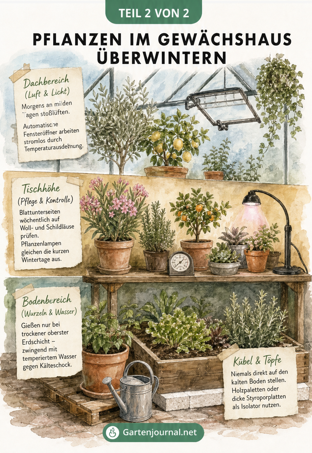 Botanische Illustration eines Gewächshauses mit Tipps zur Überwinterung von Pflanzen in verschiedenen Klimazonen