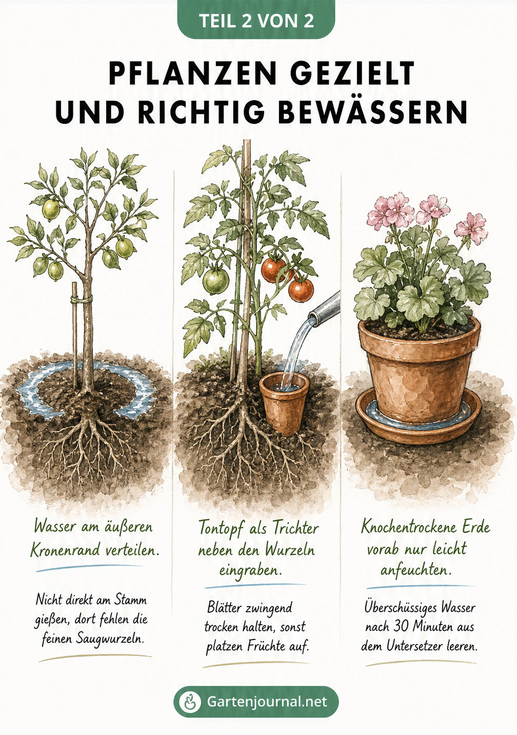Drei handgezeichnete Schnittbilder zeigen spezifische Gieß-Techniken für Obstgehölze, Gemüsepflanzen und Kübelpflanzen.