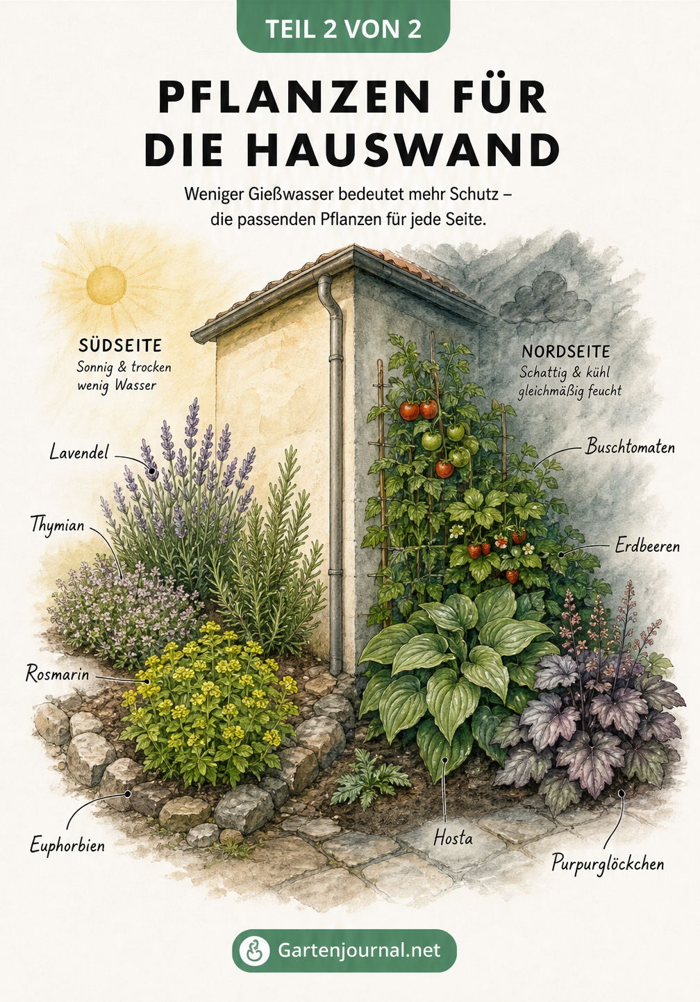 Illustration von Pflanzen für die Hauswand, unterteilt in sonnige Südseite und schattige Nordseite