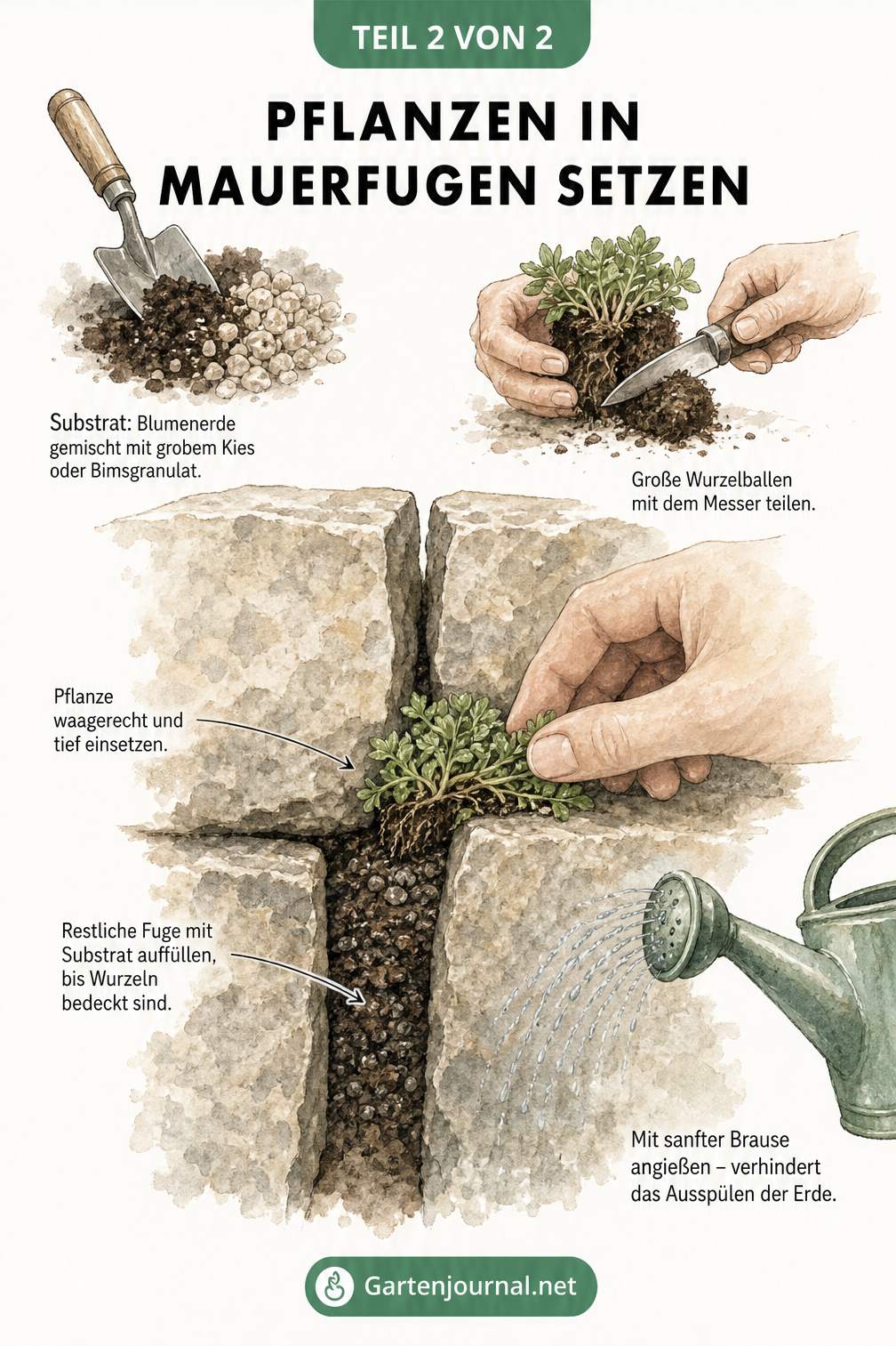 Illustration der Arbeitsschritte beim Einsetzen von Pflanzen in die Fugen einer Natursteinmauer.