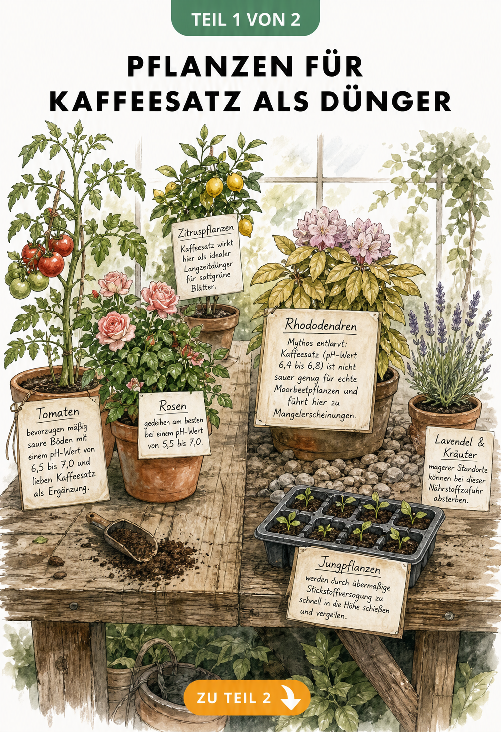 Aquarell-Zeichnung eines Pflanztisches mit geeigneten und ungeeigneten Pflanzen für Kaffeesatz als Dünger