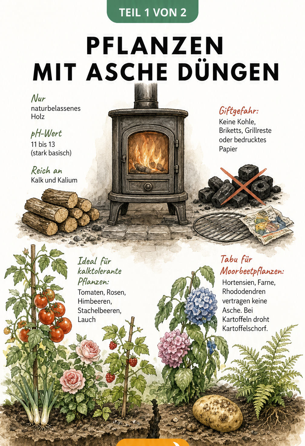 Illustration eines Kaminofens und eines Gartenbeets, die zeigt, welche Pflanzen Asche vertragen und welche nicht.