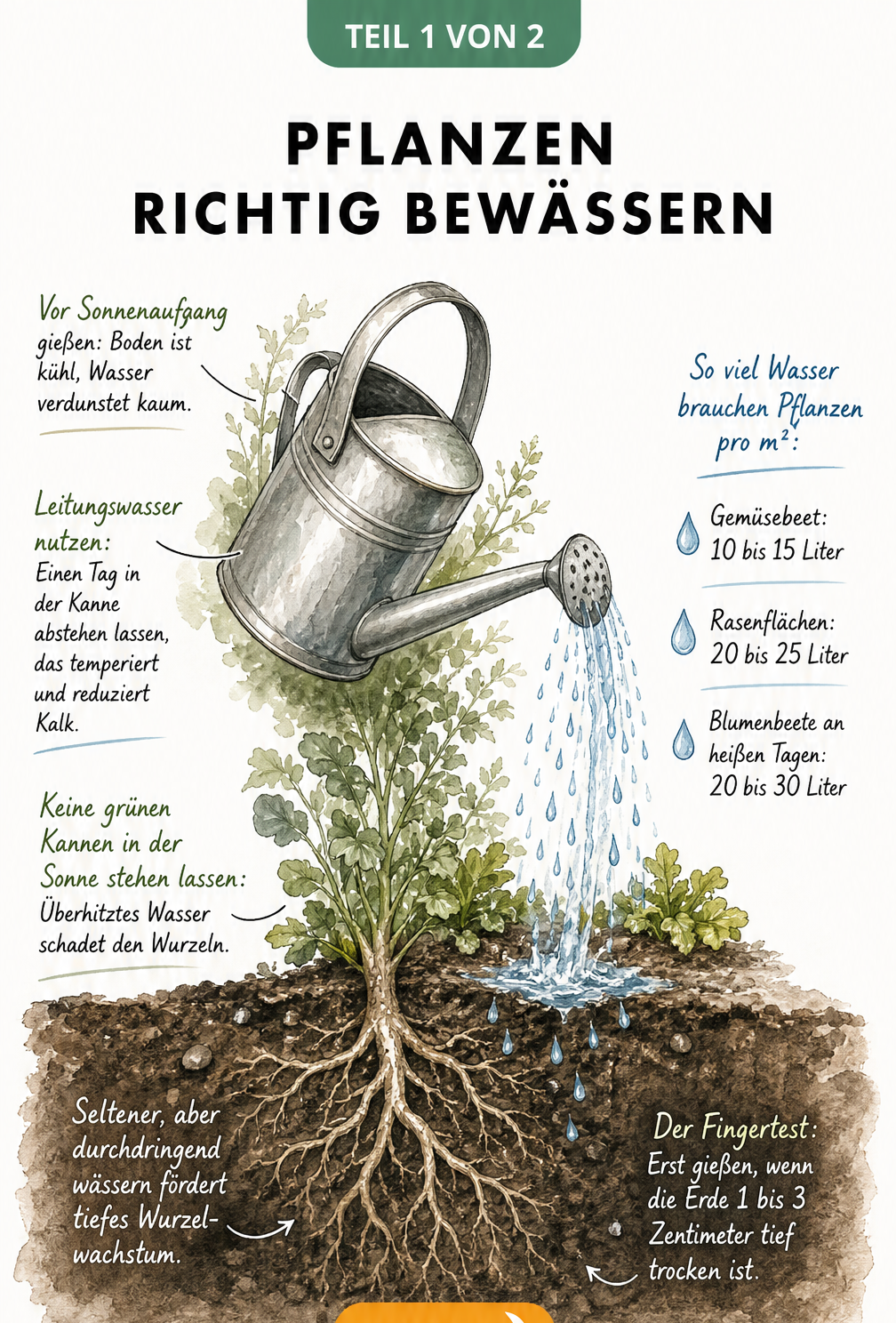 Botanische Illustration einer Zinkgießkanne, die Wasser auf einen Erdschnitt mit tiefen Wurzeln gießt, mit Tipps zu Zeitpunkt, Menge und Technik der...