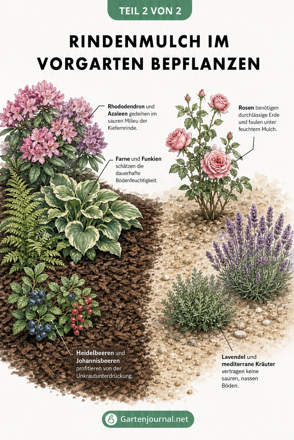 Zweigeteilte Illustration eines Beets, die zeigt, welche Pflanzen Rindenmulch vertragen und welche nicht.