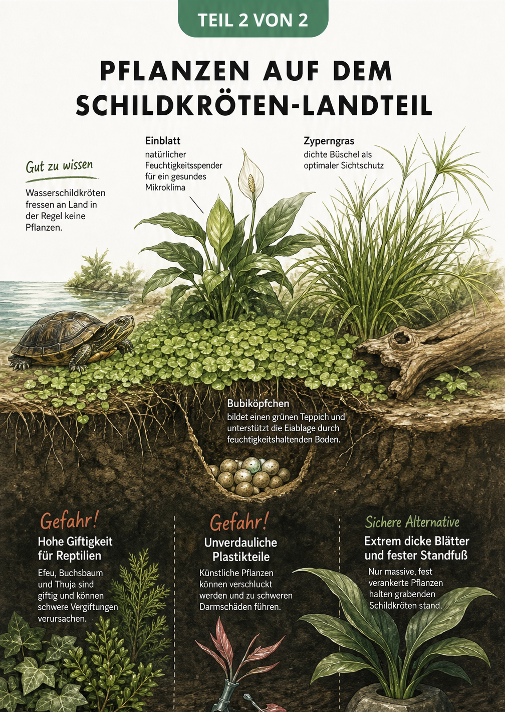 Illustration eines Schildkröten-Landteils mit sicheren Pflanzen wie Bubiköpfchen und Warnungen vor giftigen Pflanzen