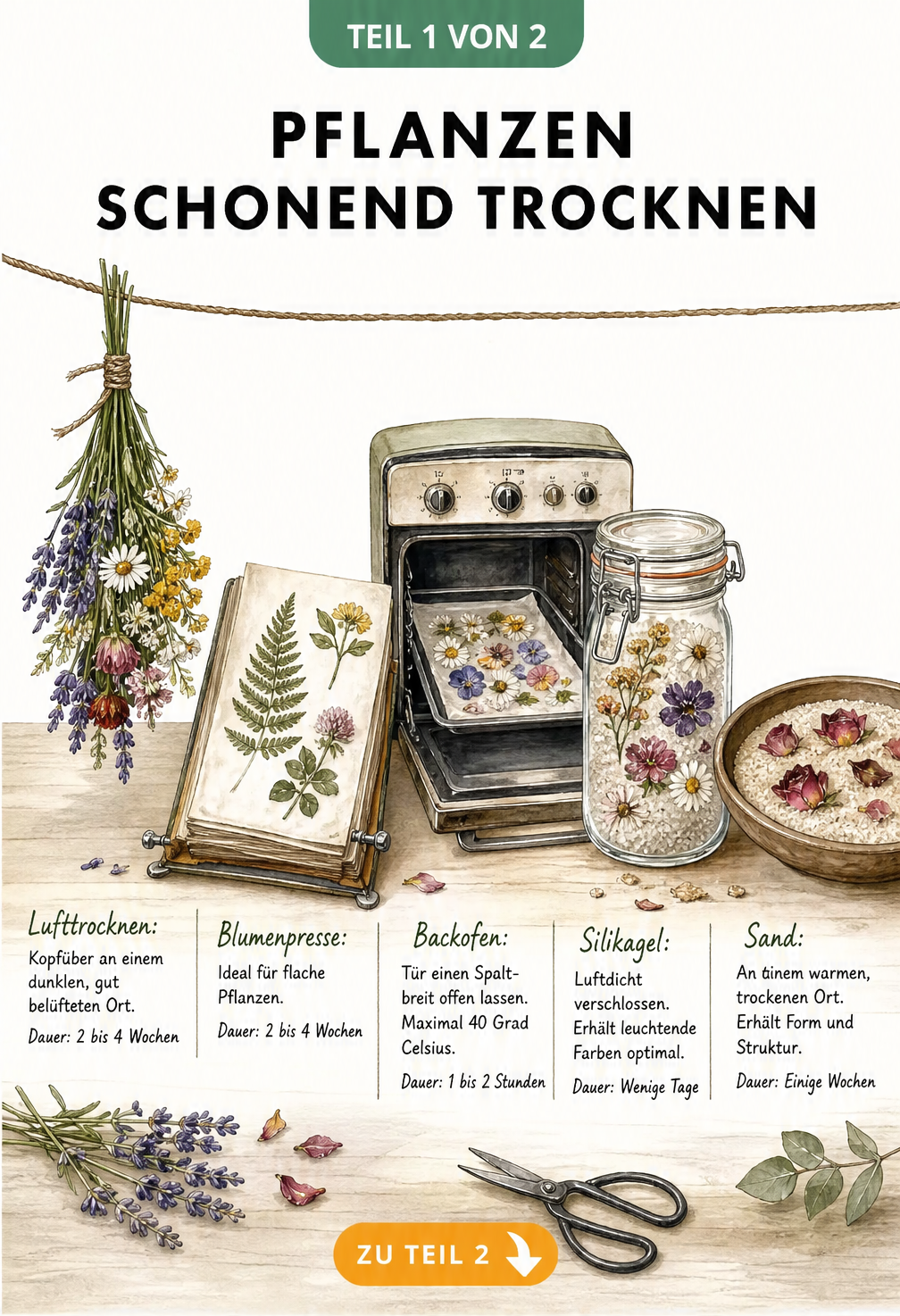 Botanische Werkbank mit fünf Methoden zum schonenden Trocknen von Pflanzen wie Lufttrocknen, Blumenpresse, Backofen, Silikagel und Sand