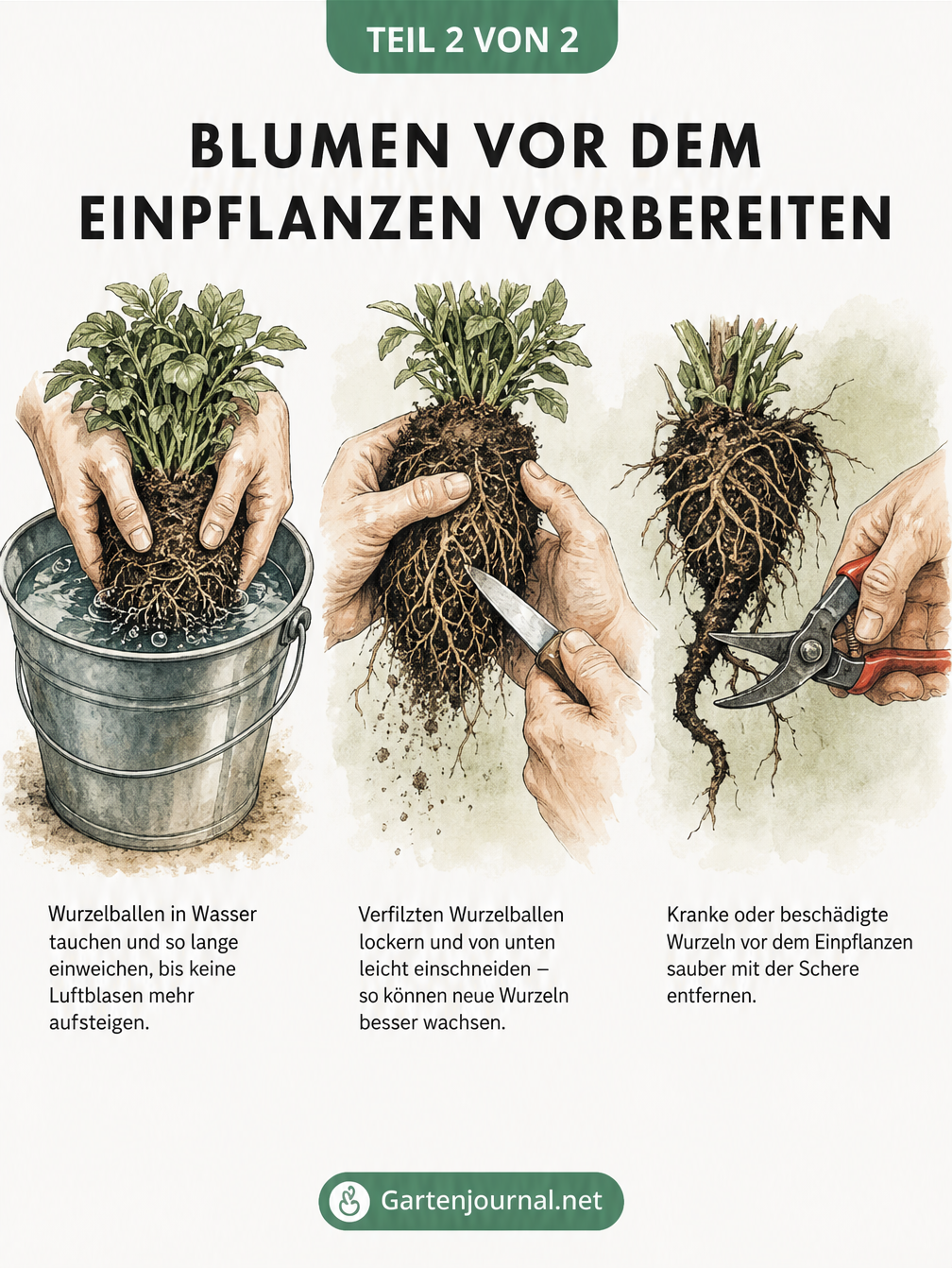 Drei Schritte zur Vorbereitung von Pflanzen: Wurzelballen wässern, lockern und kranke Wurzeln schneiden