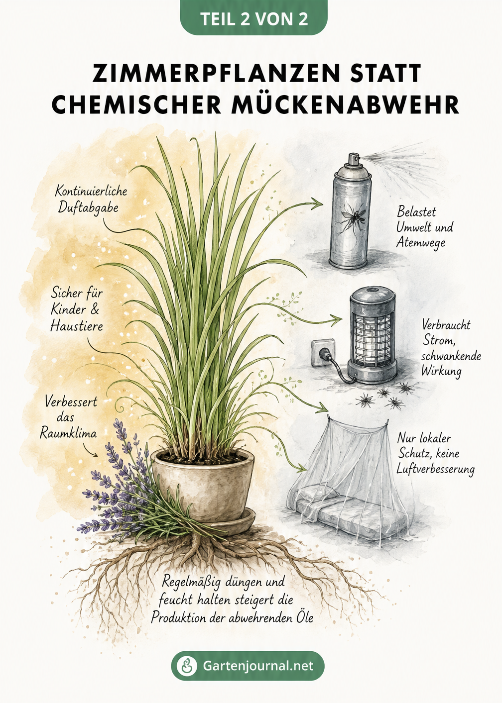Vergleich von natürlichen Zimmerpflanzen zur Mückenabwehr mit chemischen Sprays und elektronischen Fallen