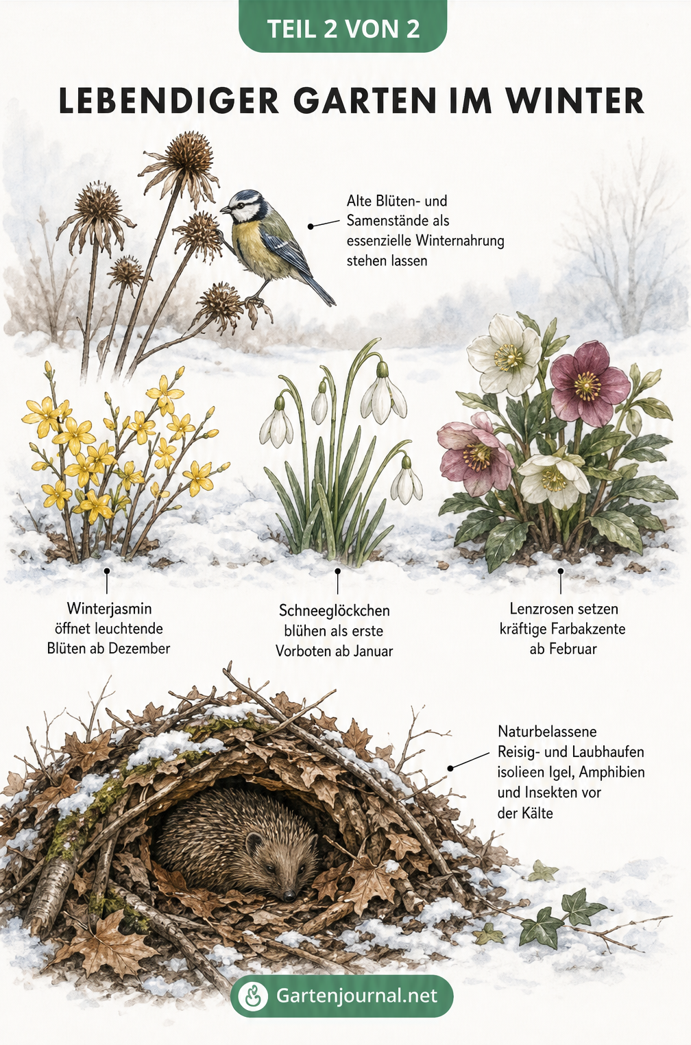 Illustration zum Winterschutz von Pflanzen: Rosenstock anhäufeln, Kübelpflanze isolieren und Zierstrauch mit Jutesack schützen