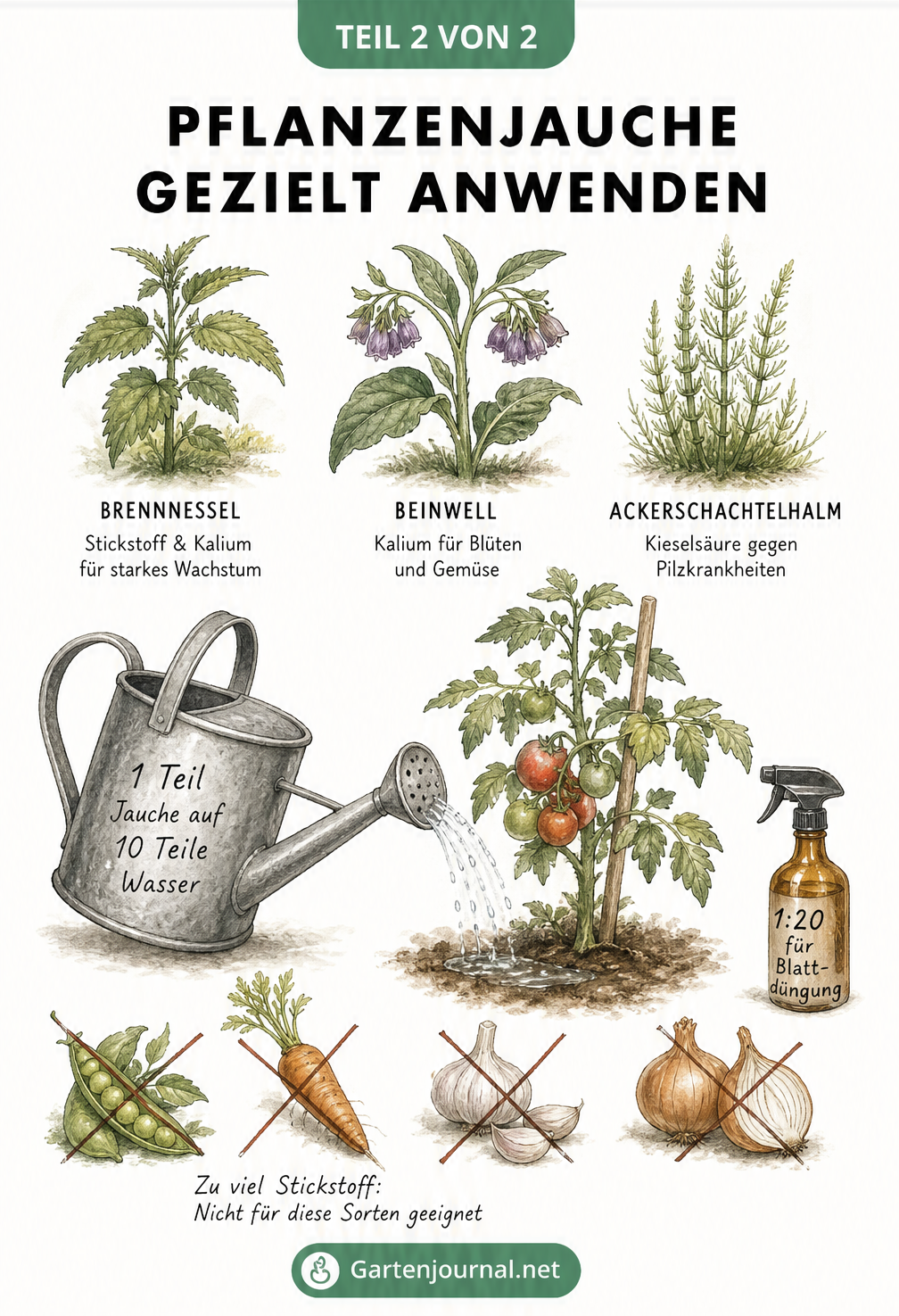 Botanische Illustration von Brennnessel, Beinwell und Ackerschachtelhalm mit Dosierungsanleitung für Pflanzenjauche