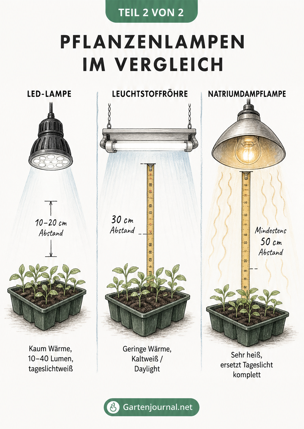 Vergleich von LED-Lampe, Leuchtstoffröhre und Natriumdampflampe für Pflanzen mit Fokus auf Wärmeentwicklung und Abstand