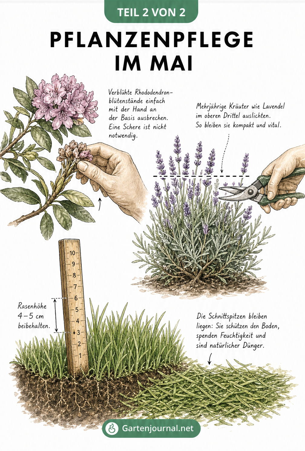 Botanische Illustration zur Pflanzenpflege im Mai: Verblühten Rhododendron ausbrechen, Lavendel mit Gartenschere auslichten und Rasenhöhe mit Zollstock messen