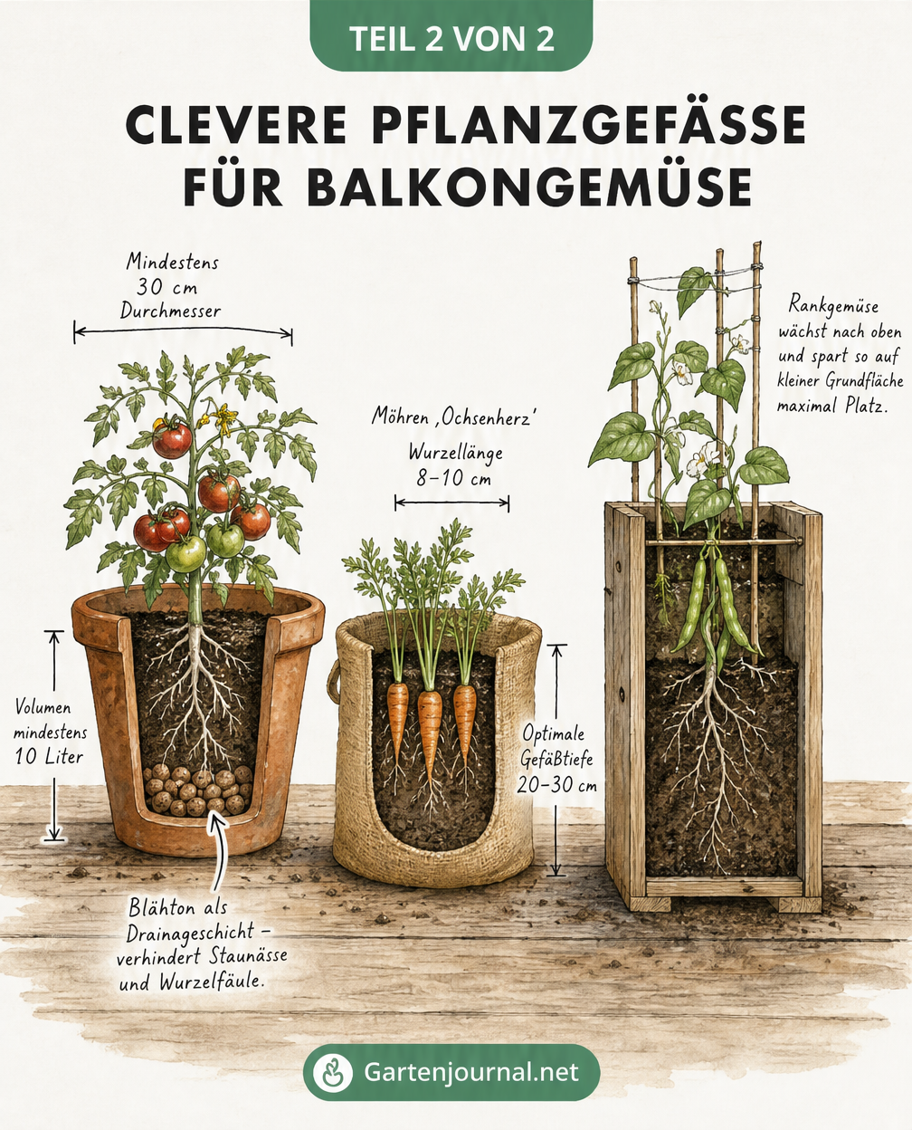 Querschnitt von drei Pflanzgefäßen für Balkongemüse: Terrakotta-Kübel, Jute-Pflanzsack und vertikaler Holzkasten