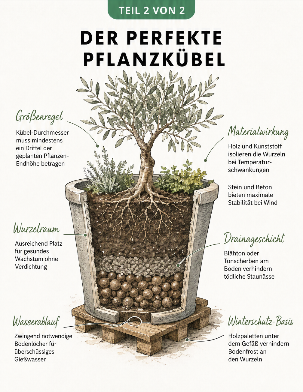 Querschnitt eines bepflanzten Kübels mit Erklärungen zu Größenregel, Material, Wurzelraum und Drainage