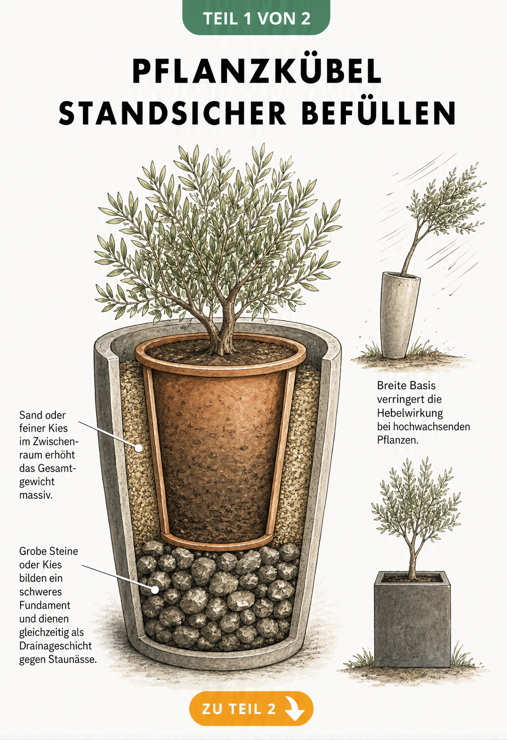 Querschnitt eines Pflanzkübels mit Steinen als Drainage und Sand im Zwischenraum für mehr Gewicht
