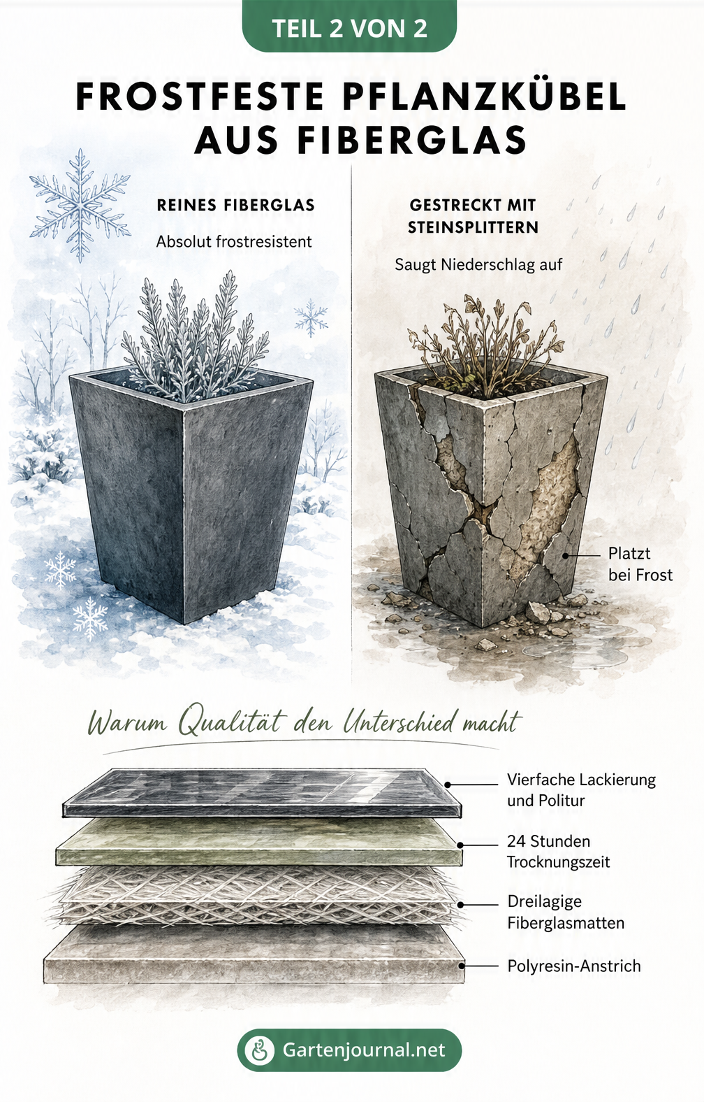 Vergleich zwischen reinem, frostfestem Fiberglas und gestrecktem Material mit Steinsplittern