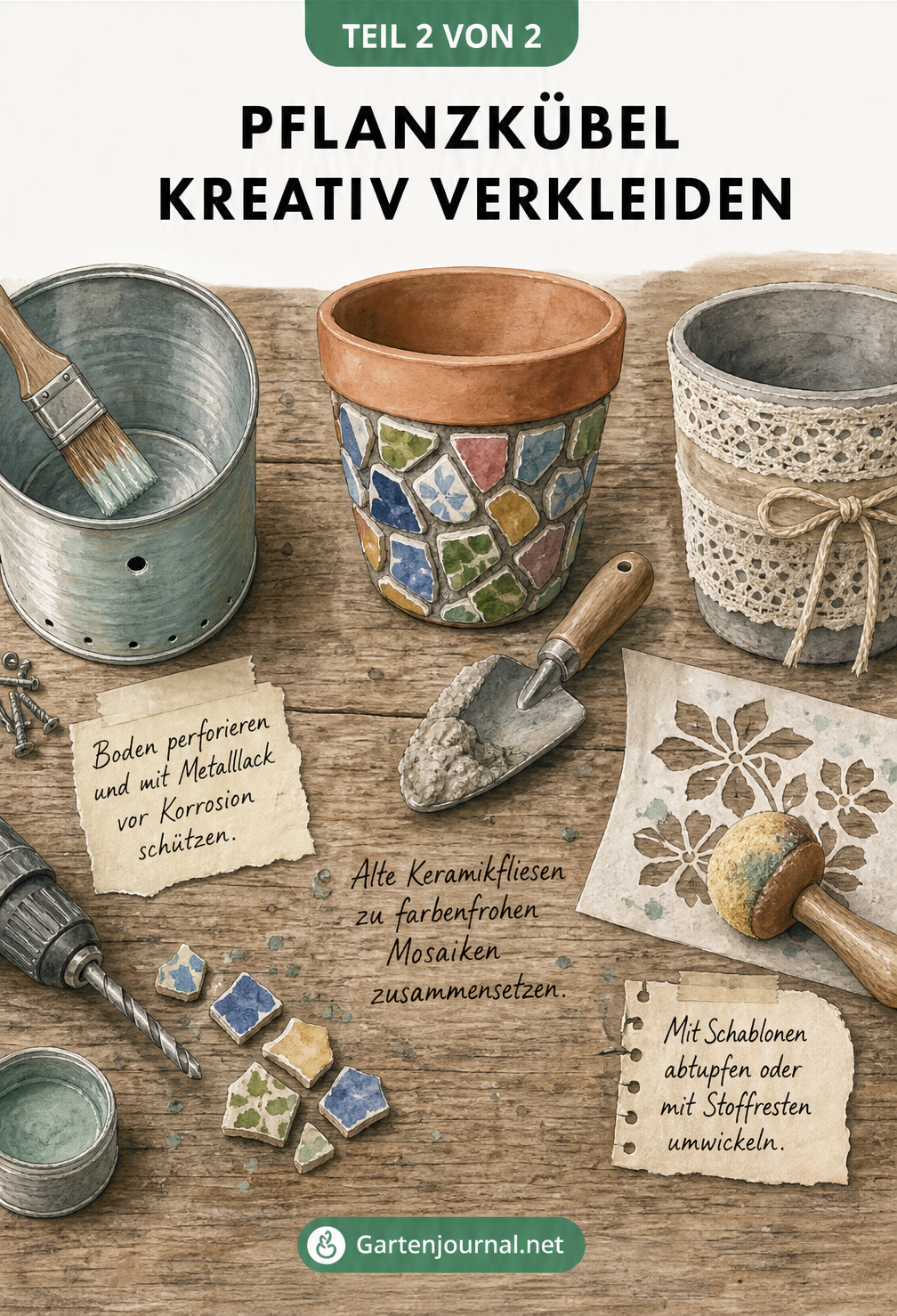 Gezeichnete Werkbank mit DIY-Projekten für Pflanzkübel: eine bemalte Blechdose, ein Tontopf mit Mosaik und ein Kübel mit Spitzenband