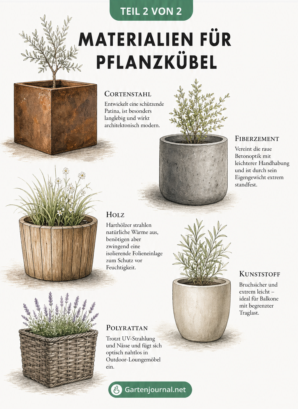 Skizze einer Terrasse mit strategisch platzierten Pflanzkübeln zur Raumgliederung und als Sichtschutz