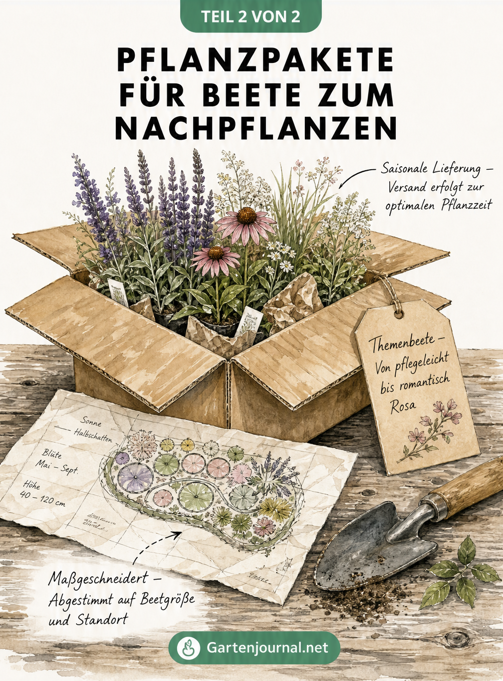 Geöffnete Versandkiste mit Stauden und einem Pflanzplan auf einem Holztisch
