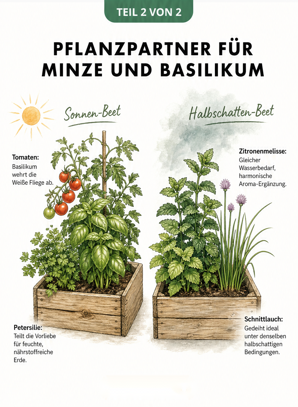 Zwei Holzkisten mit idealen Pflanzpartnern: Basilikum mit Tomaten und Petersilie in der Sonne, Minze mit Zitronenmelisse und Schnittlauch im Halbschatten.