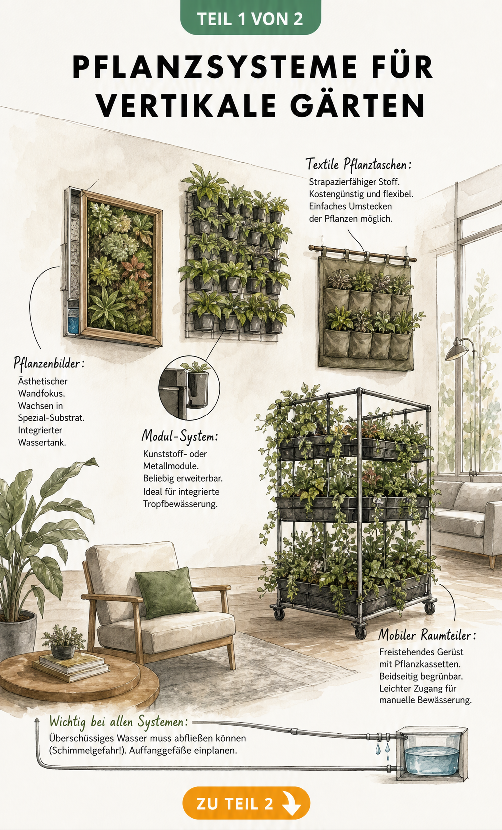Illustration verschiedener Pflanzsysteme für vertikale Gärten im Wohnzimmer, darunter Pflanzenrahmen, Modul-Systeme, textile Pflanztaschen und mobile...