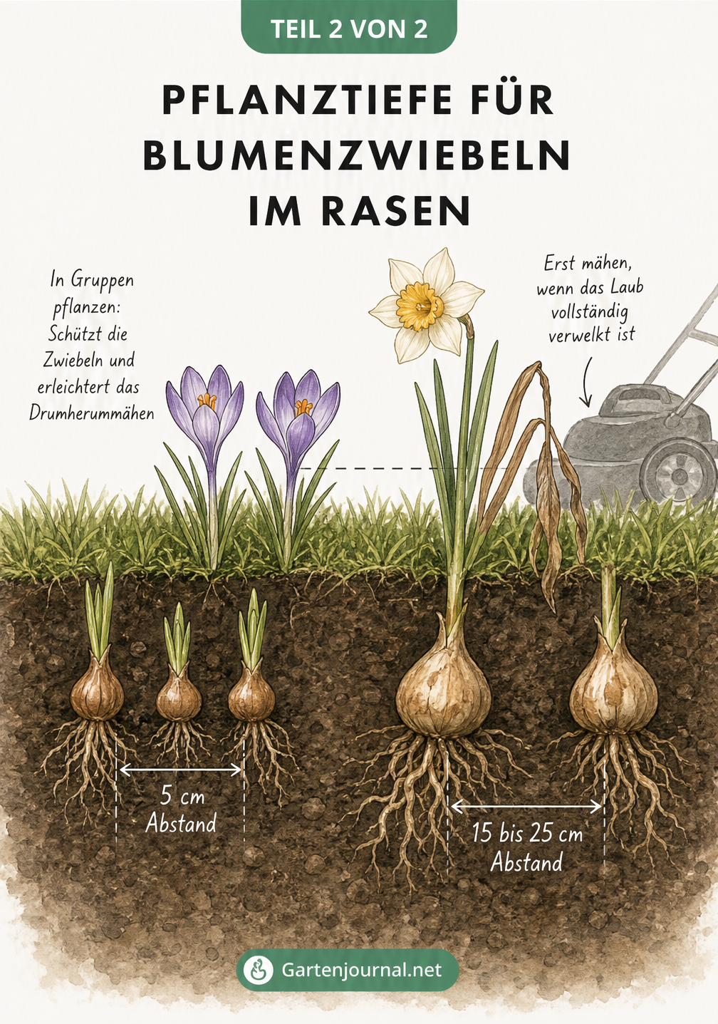Querschnitt: Krokusse und Narzissen im Rasen mit Pflanzabständen und Rasenmäher über verwelktem Laub.