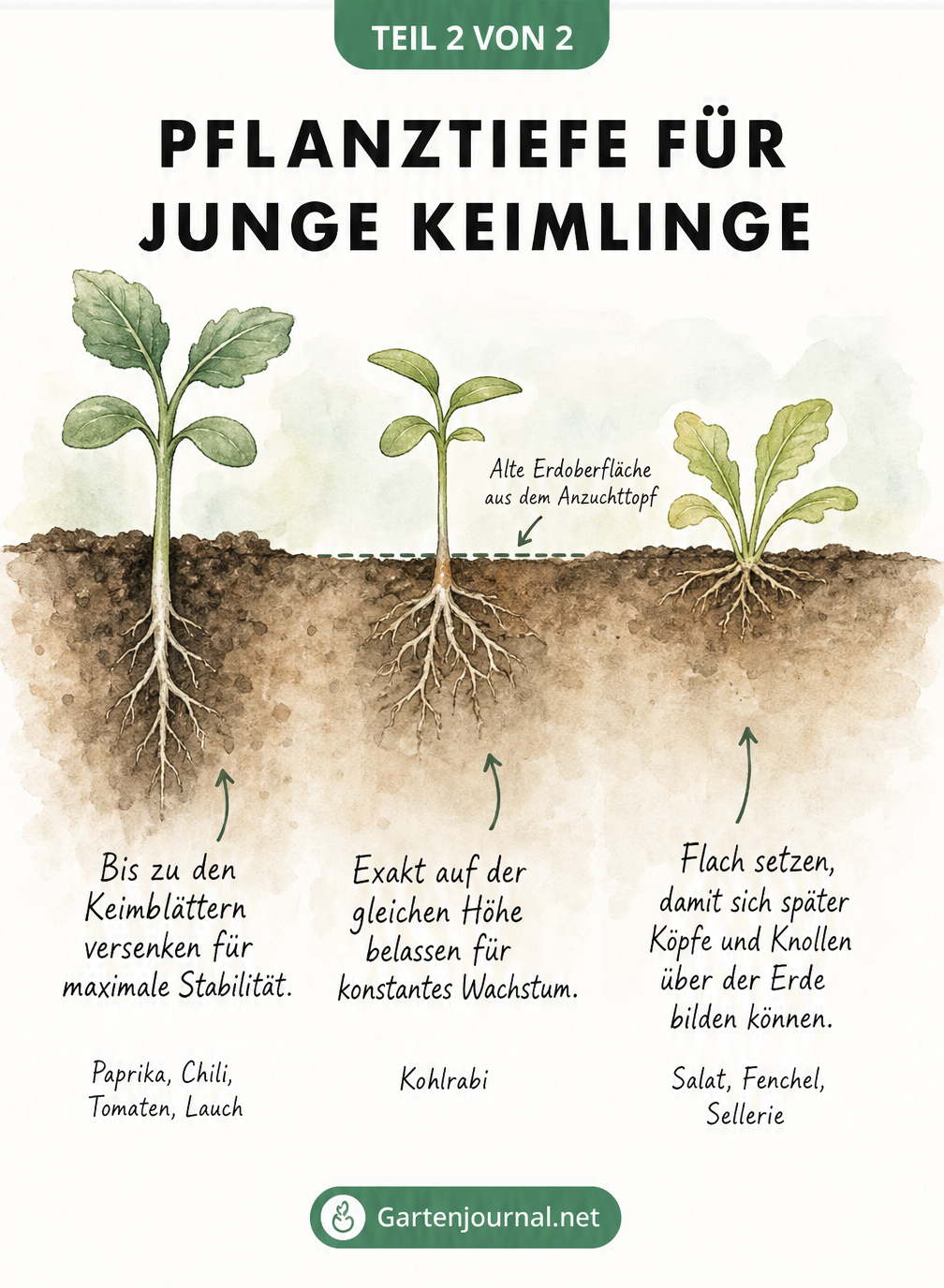 Querschnitt durch ein Gartenbeet zeigt drei Keimlinge in unterschiedlichen Pflanztiefen: tief für Tomaten, mittelhoch für Kohlrabi und flach für Salat.