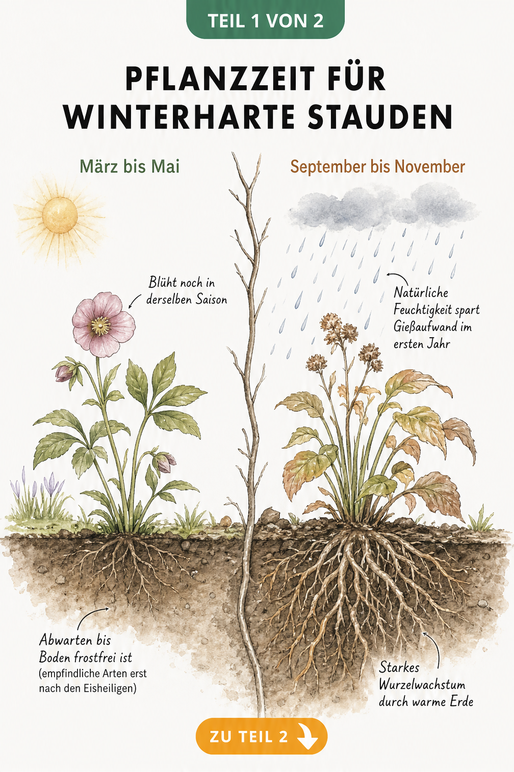 Illustration der Pflanzzeiten für winterharte Stauden im Frühjahr und Herbst