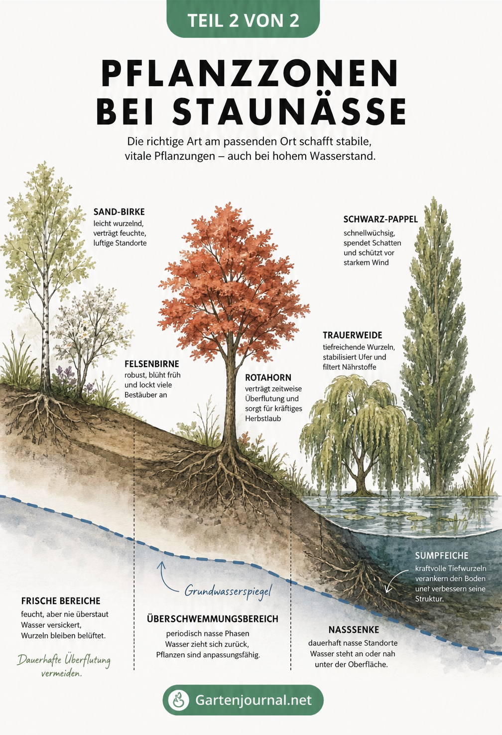 Querschnitt einer Landschaft mit drei Feuchtigkeitsstufen und passenden Bäumen wie Sandbirke, Rotahorn und Trauerweide