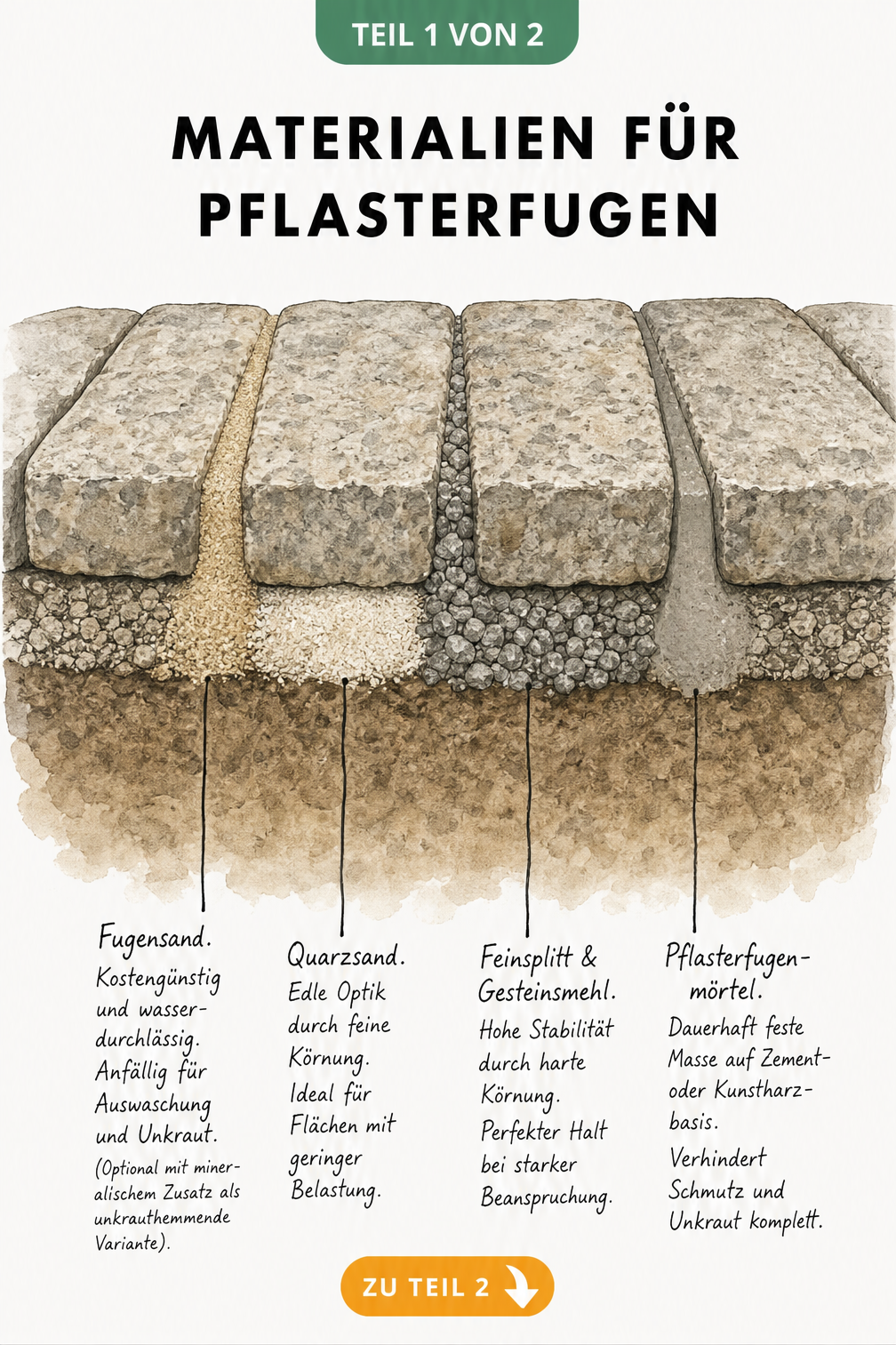 Querschnitt durch Pflasterfugen mit verschiedenen Füllmaterialien wie Sand, Quarzsand, Feinsplitt und Pflasterfugenmörtel