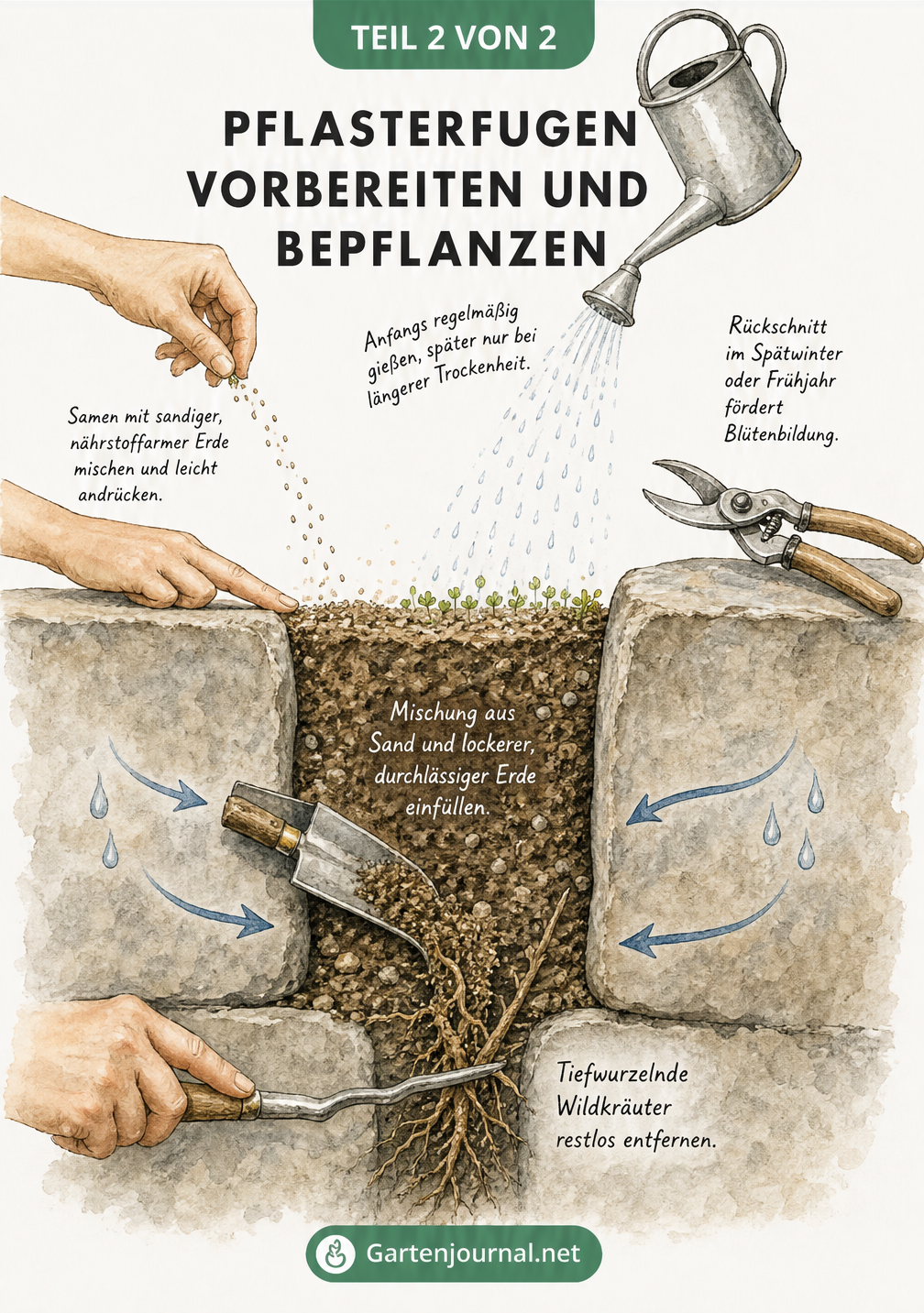 Schnittzeichnung einer Pflasterfuge, die das Entfernen von Unkraut, das Einfüllen von Erde, die Aussaat und das Gießen zeigt.