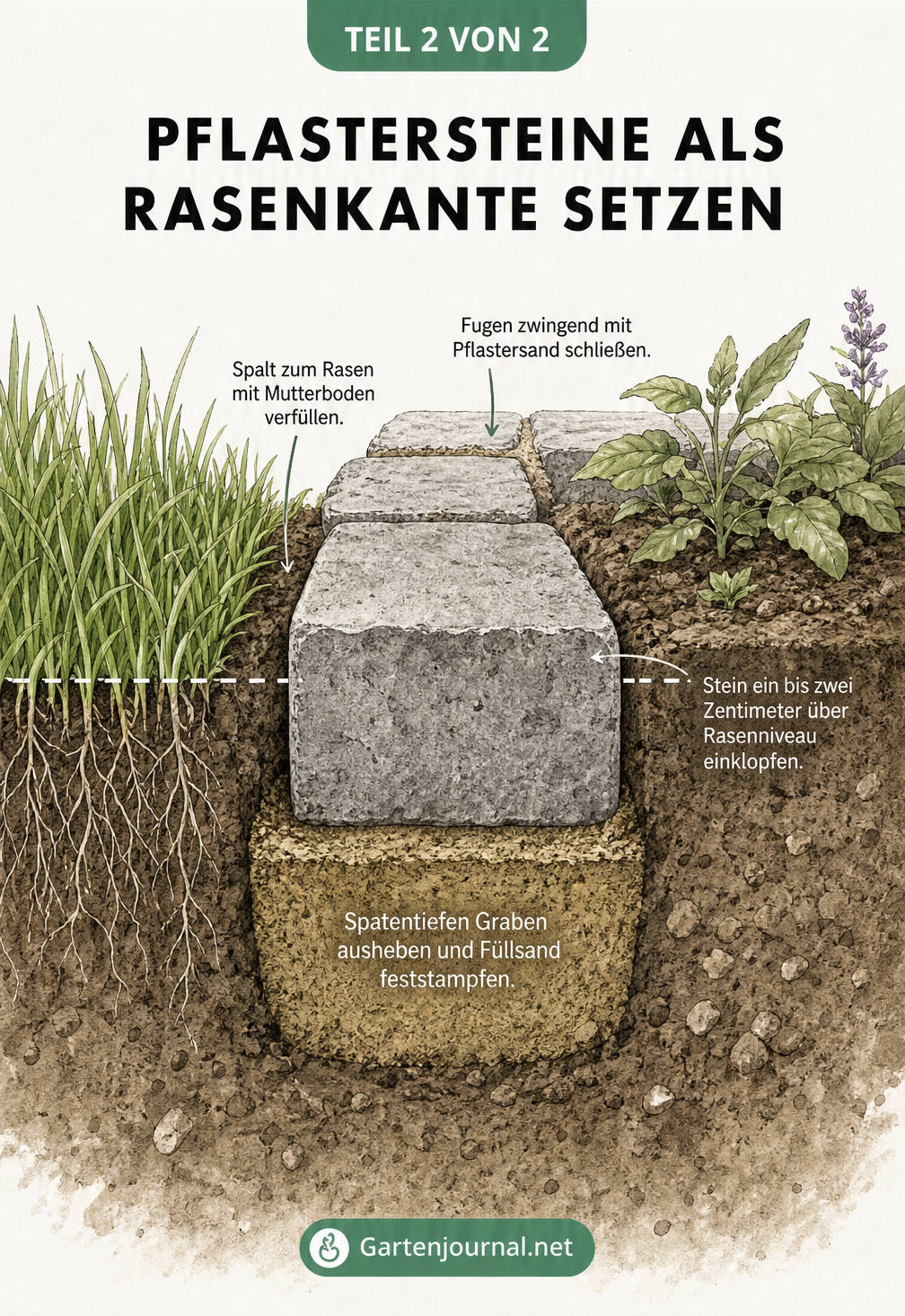 Querschnitt-Zeichnung: Pflasterstein als Rasenkante richtig in die Erde setzen