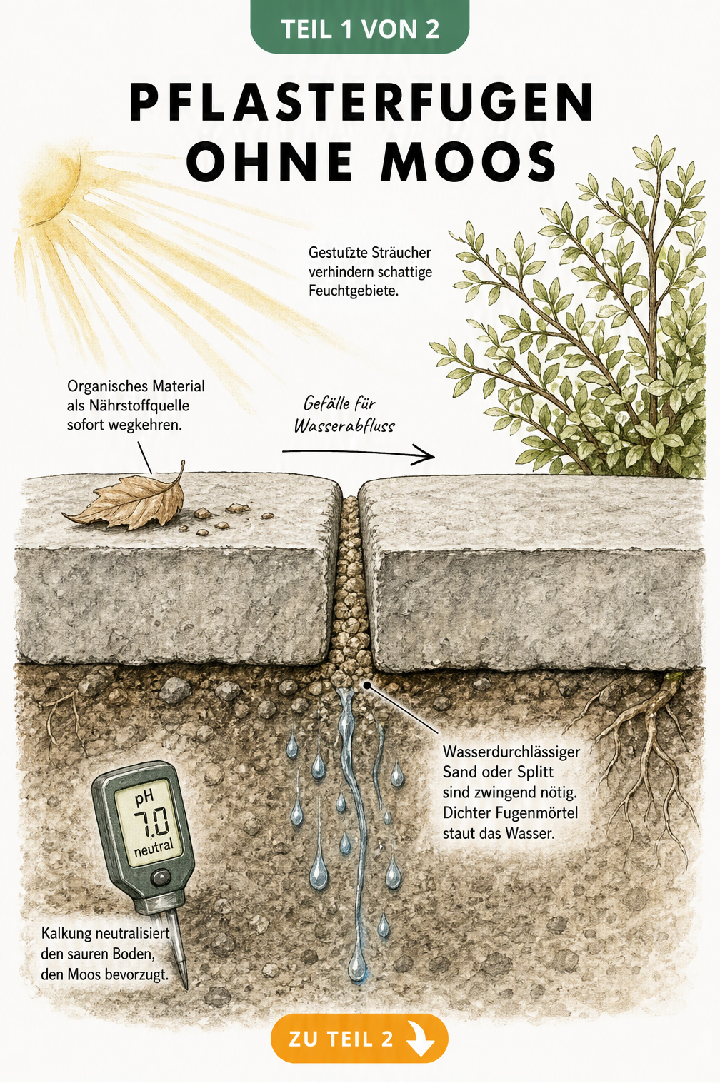 Querschnitt durch Pflastersteine mit Fuge, der zeigt, wie Licht, Gefälle und wasserdurchlässiger Sand Mooswachstum verhindern.
