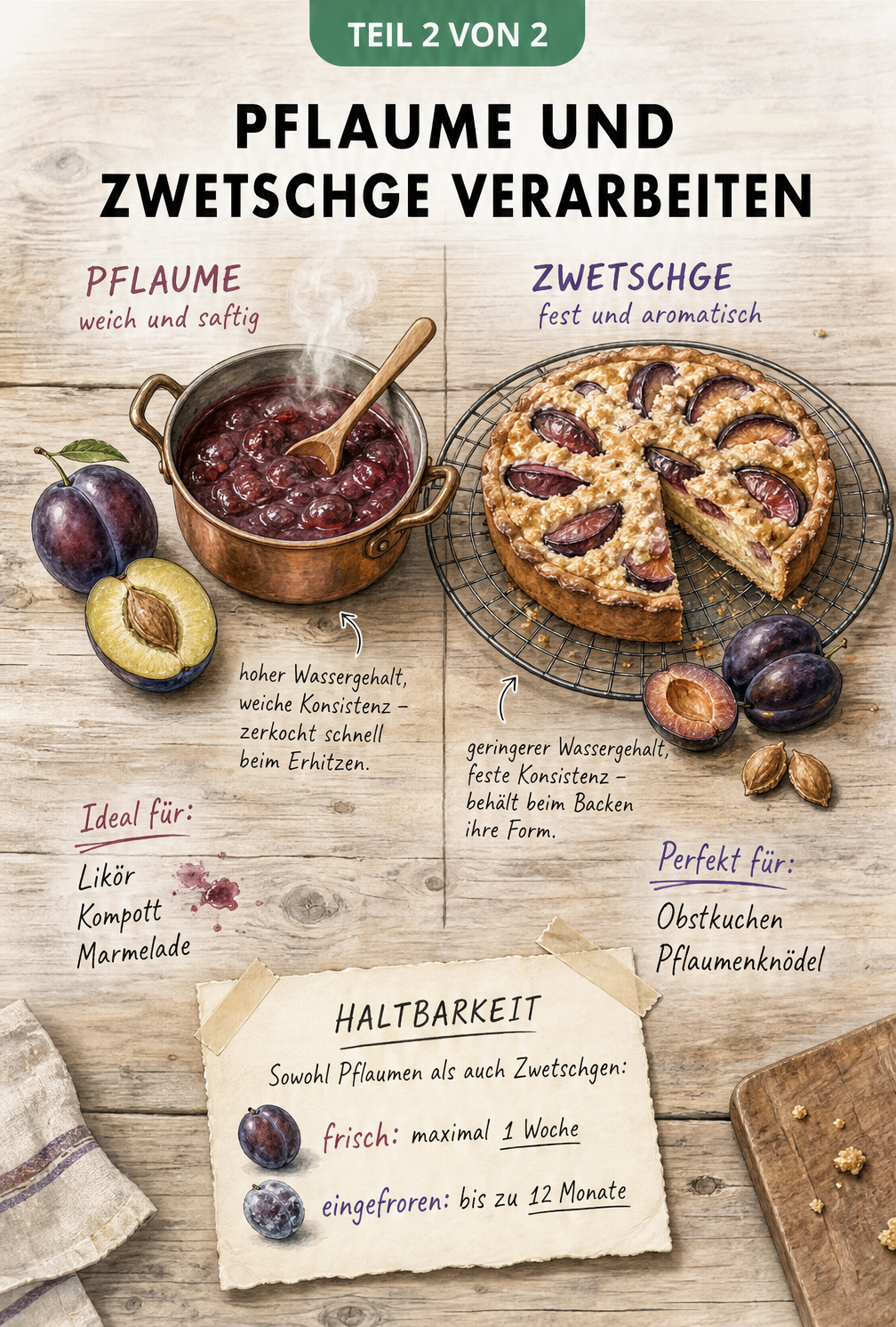Illustration einer Küchenarbeitsplatte mit Pflaume und Zwetschge sowie deren idealen Verwendungszwecken wie Marmelade und Obstkuchen.