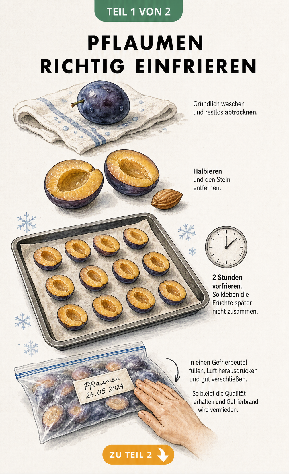 Illustration der Schritte zum Einfrieren von Pflaumen: Waschen, Halbieren, Entsteinen, Vorfrieren auf einem Backblech und luftdichtes Verpacken im...