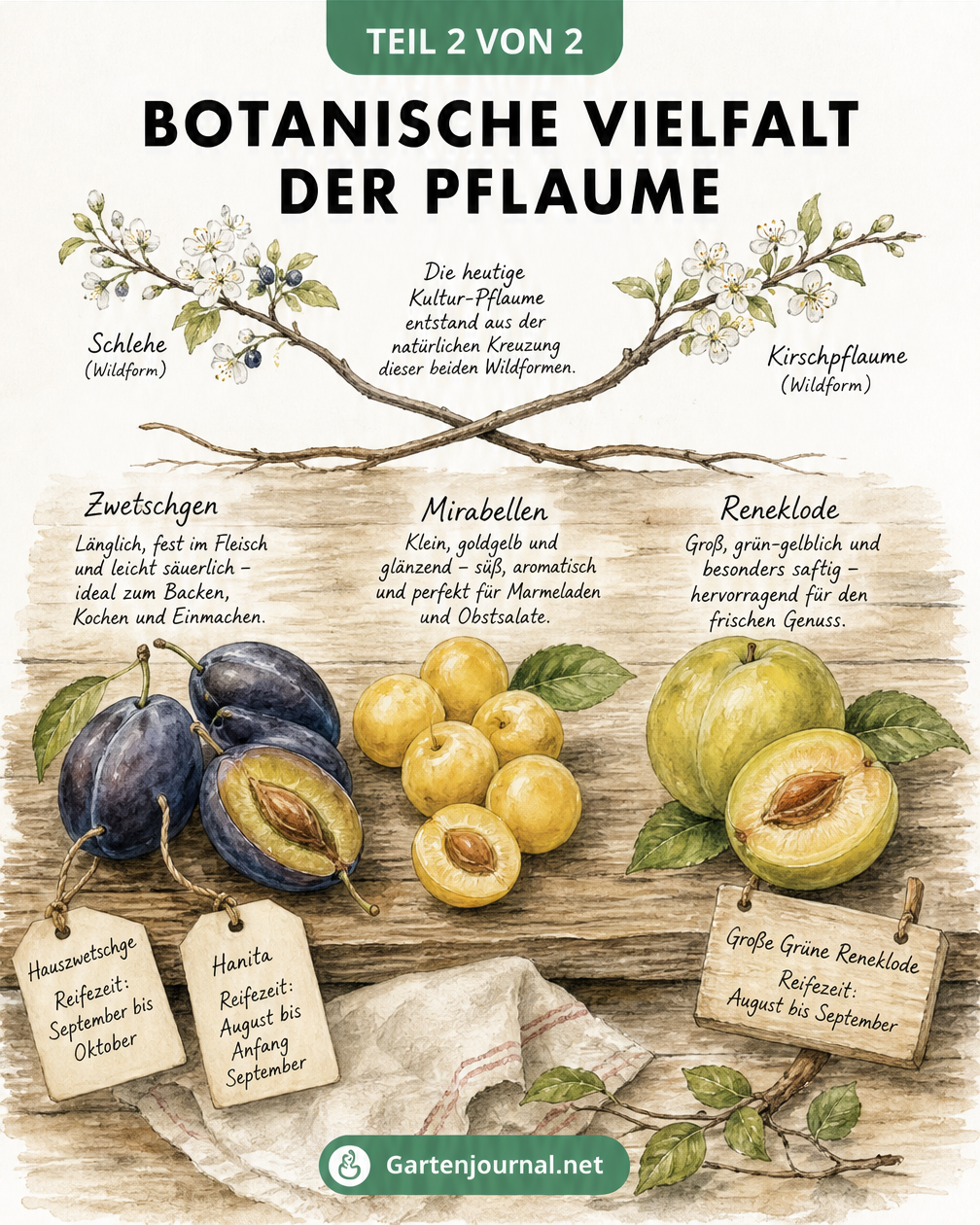 Skizze verschiedener Pflaumenarten: Zwetschge, Mirabelle und Reneklode auf einem Holztisch