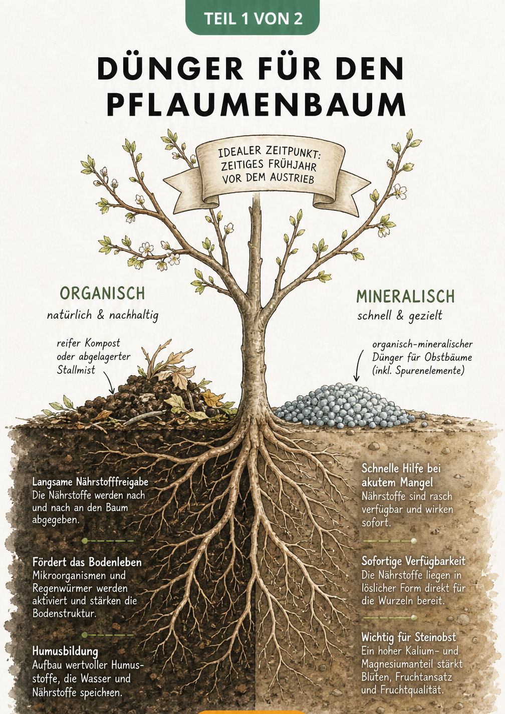 Botanische Illustration eines Pflaumenbaums im Querschnitt, die organische und mineralische Düngung im Wurzelbereich vergleicht.