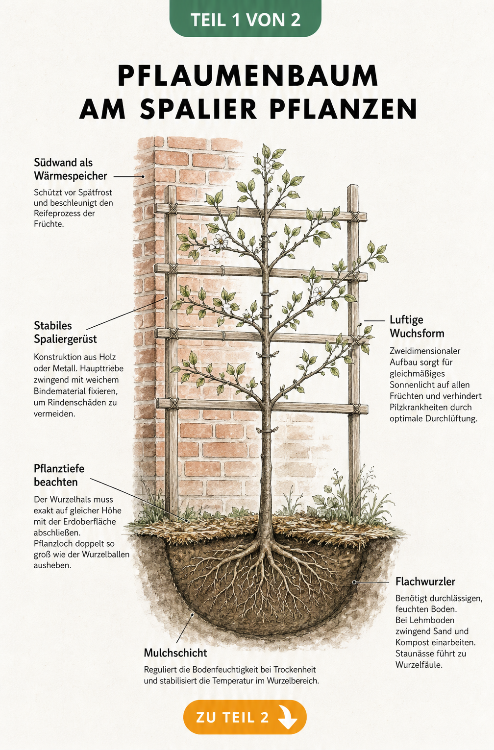 Querschnitt-Illustration eines Pflaumenbaums am Spalier vor einer Backsteinwand mit Erklärungen zu Pflanztiefe, Wurzeln und Mulchschicht