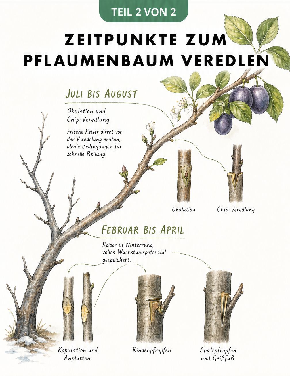 Zeitachse der Pflaumenbaumveredelung von Frühjahr bis Sommer mit passenden Methoden