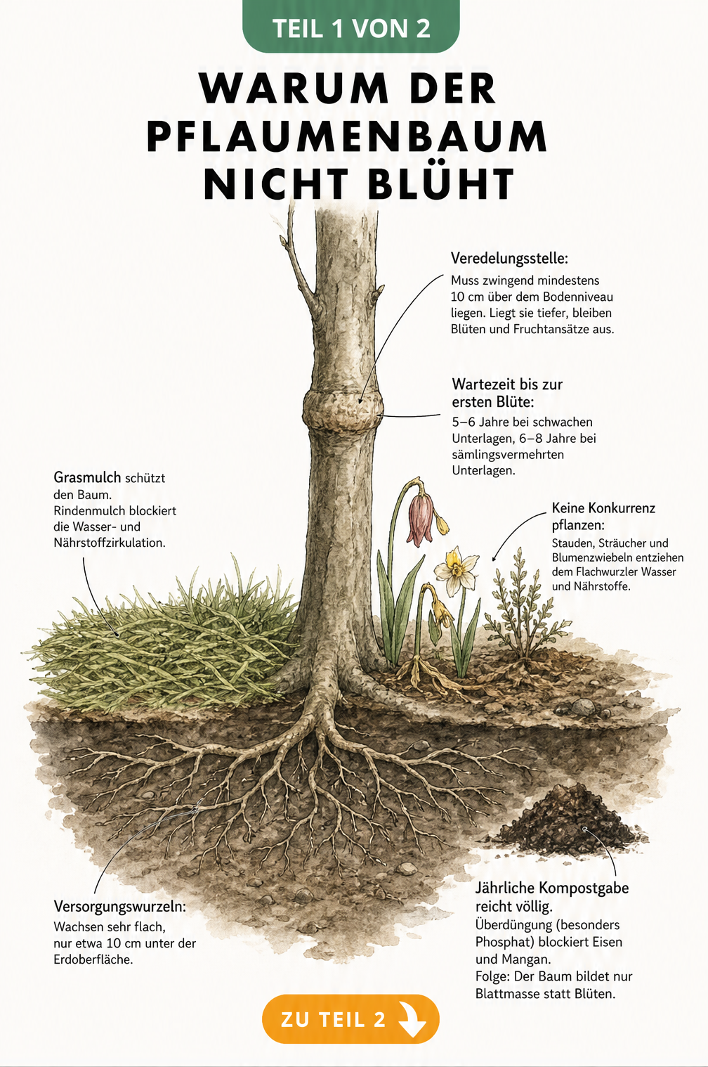 Botanische Illustration des unteren Pflaumenbaumstamms mit Veredelungsstelle, Wurzeln und Baumscheibe mit Grasmulch