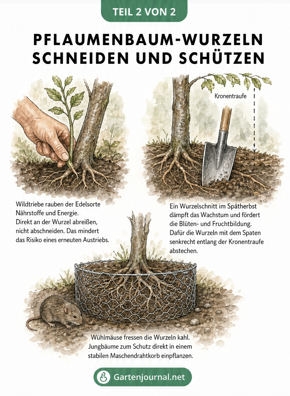 Nahaufnahme des unteren Stammbereichs eines Pflaumenbaums mit Wurzelausschlägen, Wurzelschnitt und Wühlmausschutz