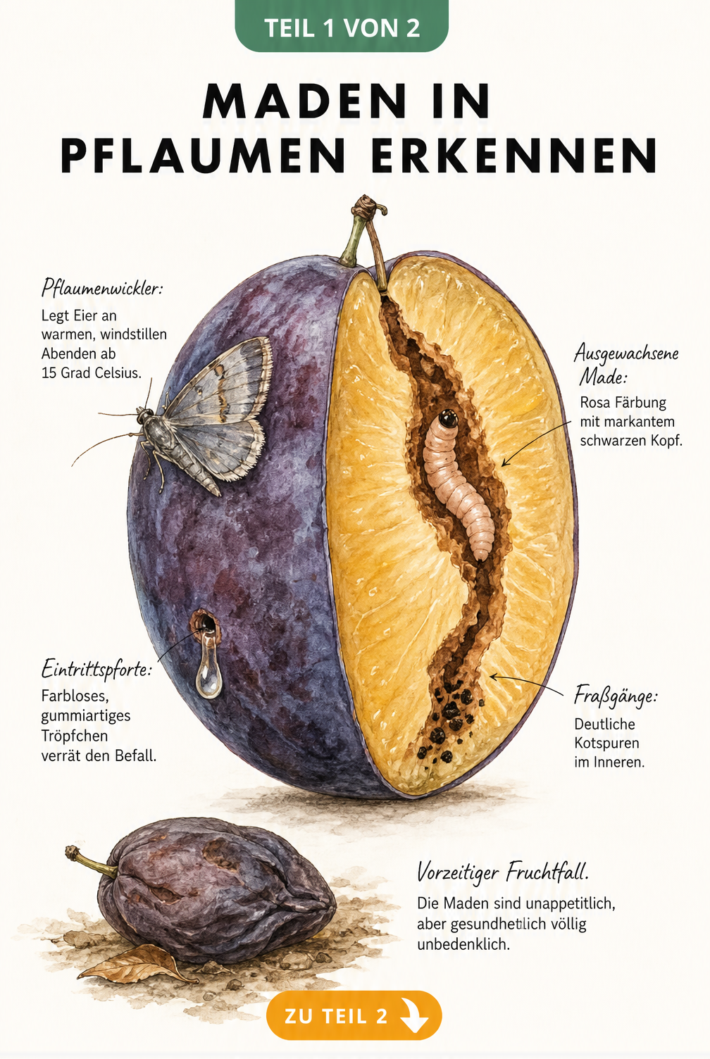 Illustration einer halbierten Pflaume mit Pflaumenwickler-Falter, Eintrittspforte und Fraßgang der Made im Fruchtfleisch