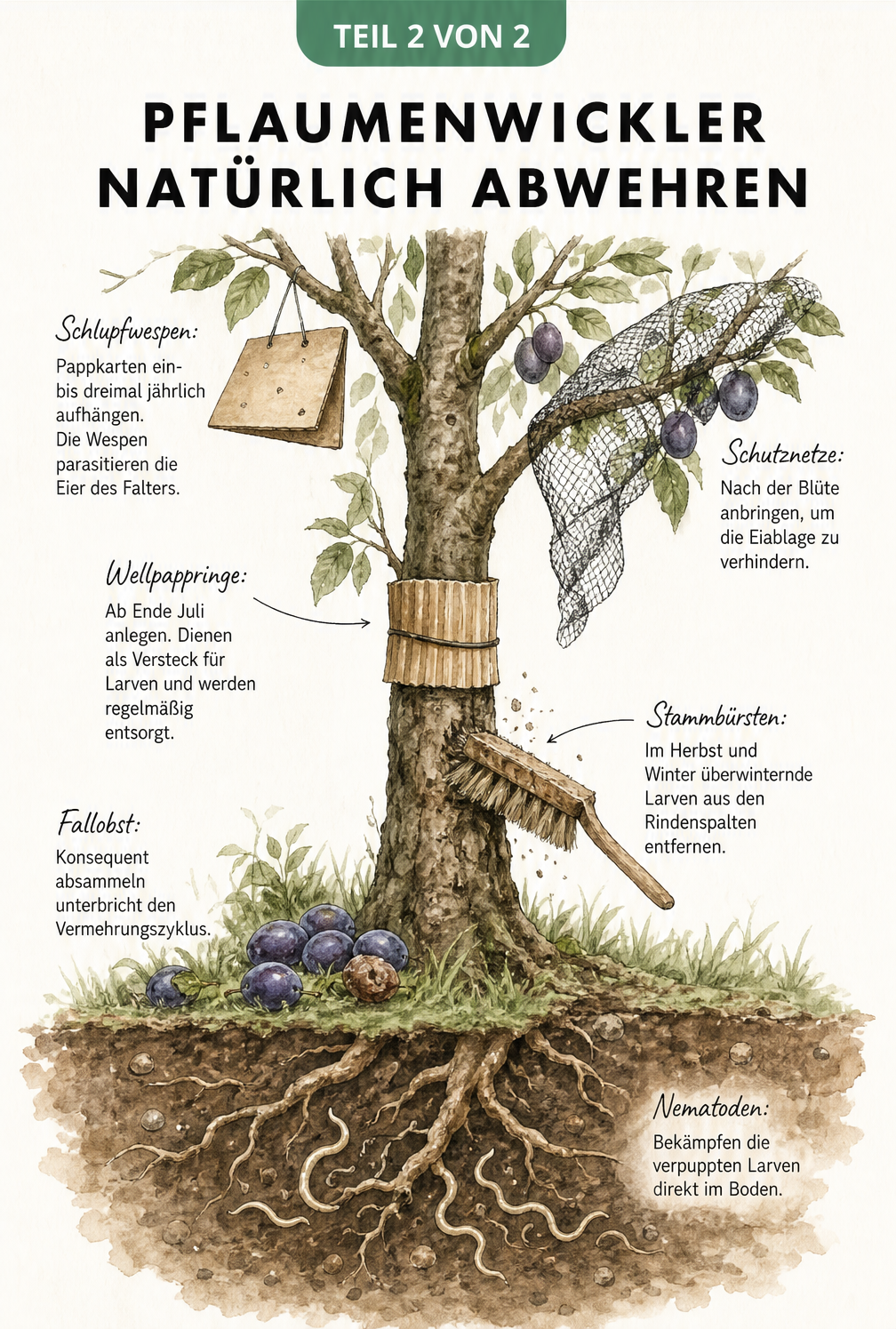 Illustration eines Pflaumenbaums mit natürlichen Abwehrmaßnahmen wie Schlupfwespen, Schutznetzen, Wellpappringen, Stammbürsten und Nematoden