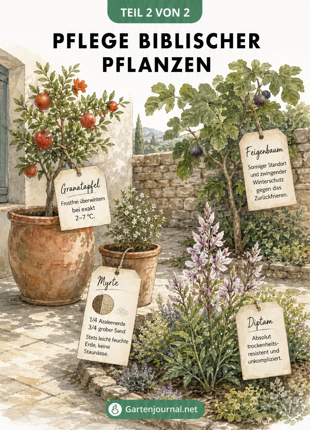 Aquarell-Zeichnung zur Pflege von Granatapfel, Myrte, Feigenbaum und Diptam im Garten und auf der Terrasse