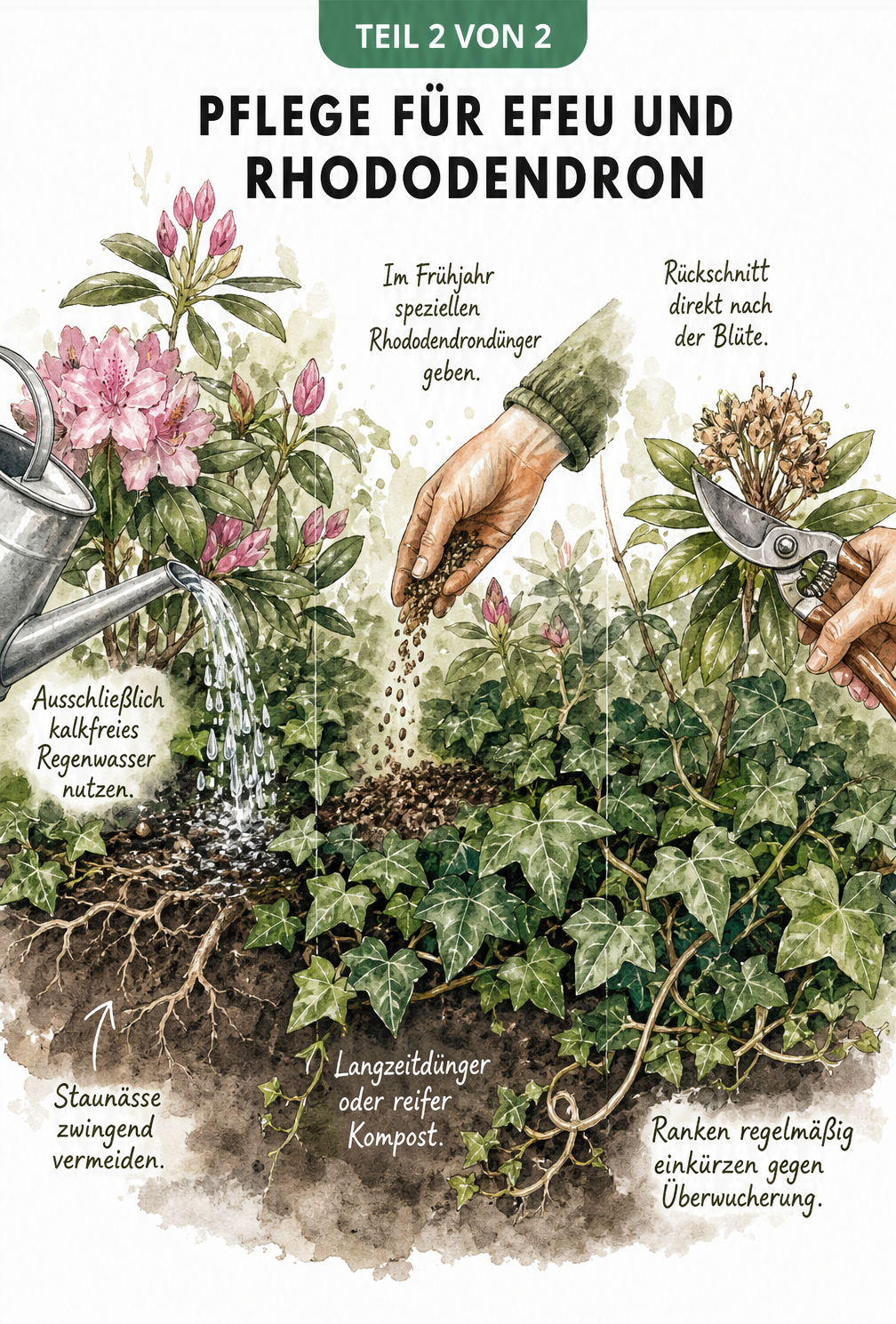 Skizzenhafte Illustration zur Pflege von Rhododendron und Efeu mit Gießkanne, Dünger und Gartenschere