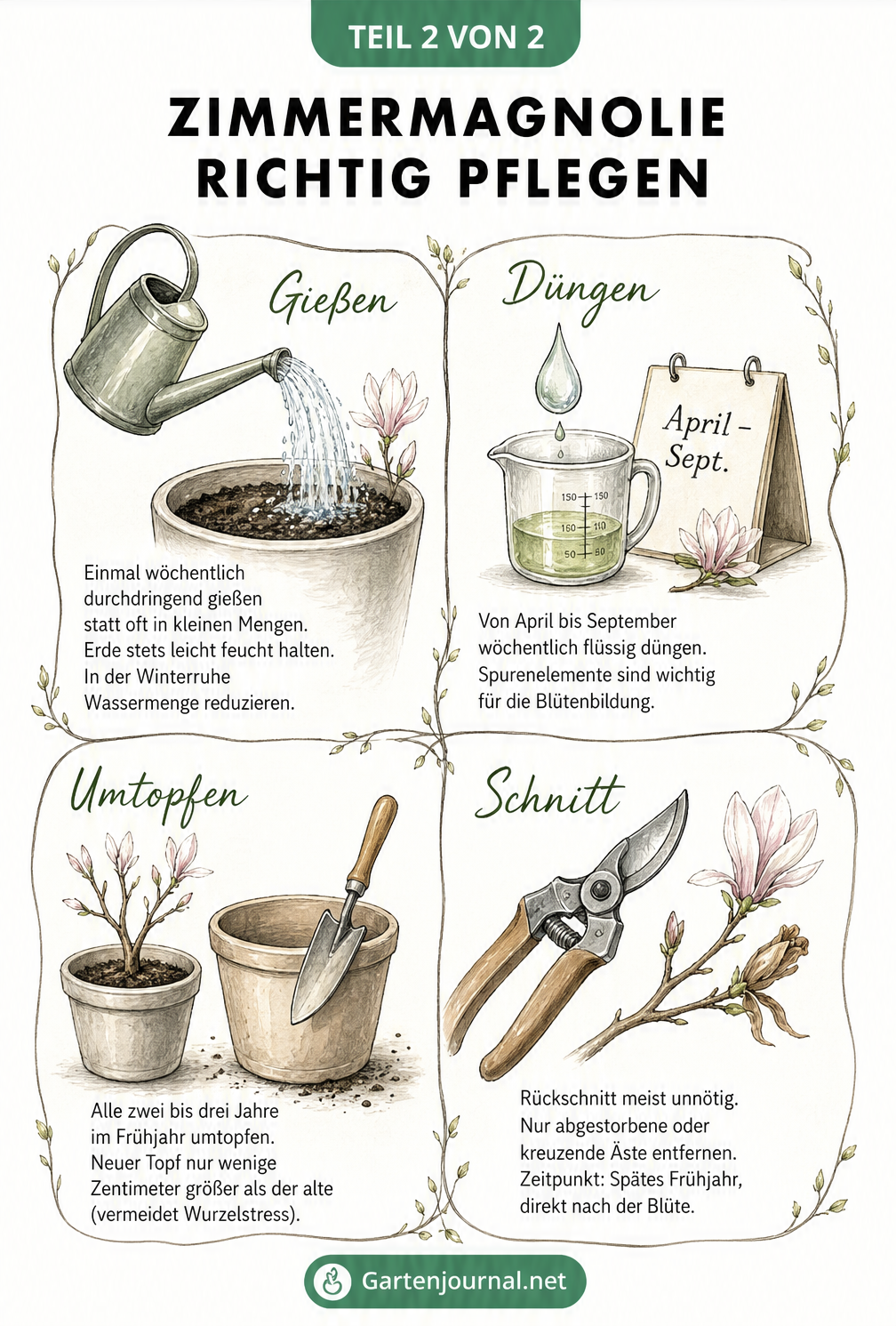 Botanische Skizze mit Pflegehinweisen zum Gießen, Düngen, Umtopfen und Schneiden einer Zimmermagnolie