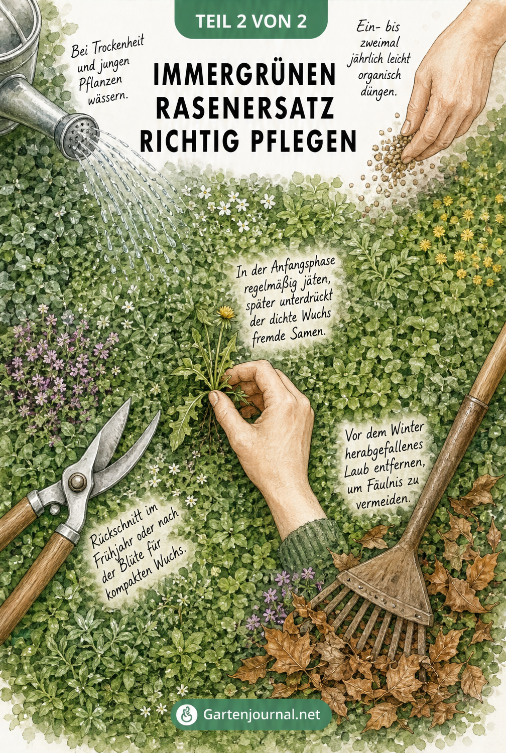 Vogelperspektive auf einen dichten Pflanzenteppich mit Gartenschere, Gießkanne und Rechen zur Pflege
